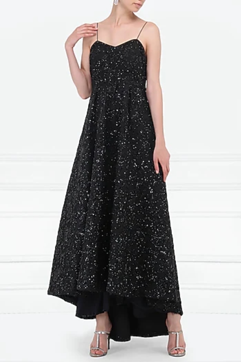 BLACK EMBROIDERED ASYMMETRICAL GOWN