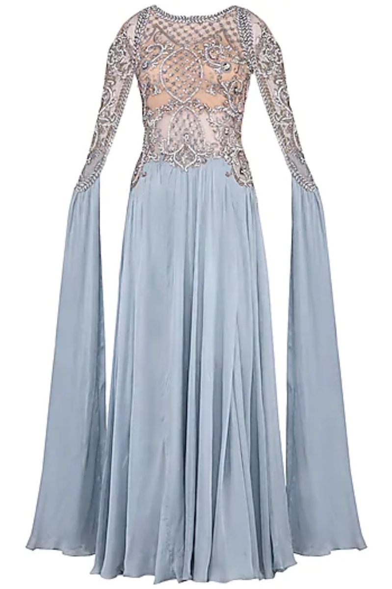 GREYISH BLUE SEQUINS EMBROIDERED GOWN