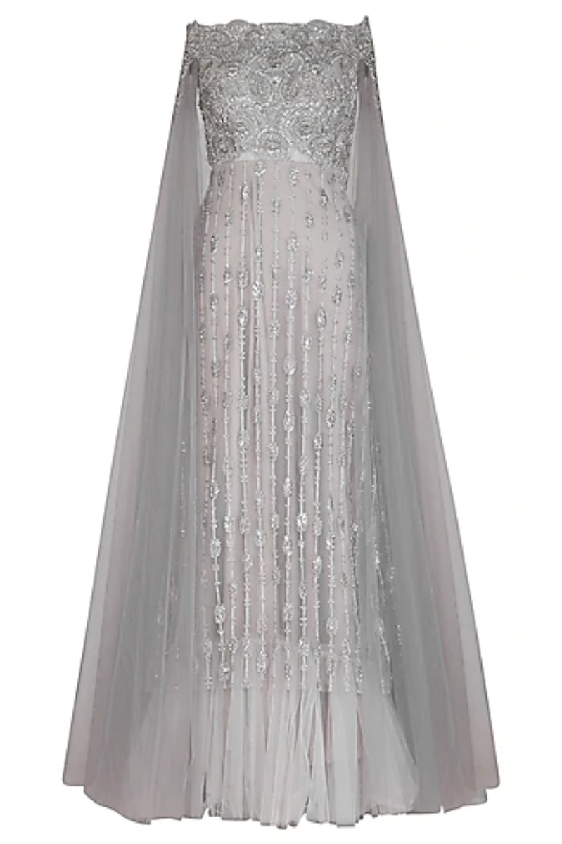 GREY EMBROIDERED OFF SHOULDER GOWN
