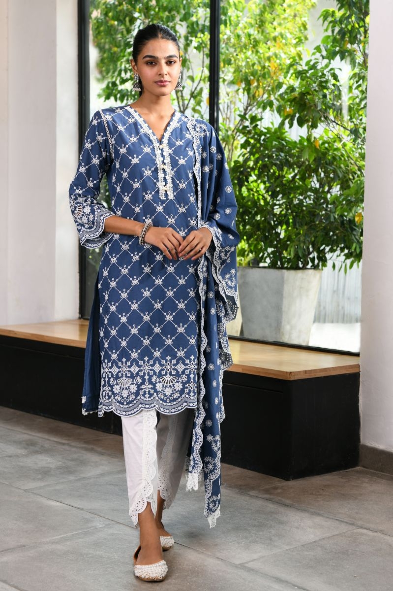 Perth Kurta with Border Dhoti Pants and Wells Dupatta