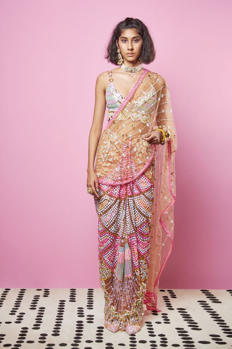 MULTI COLORED EMBROIDERED PRE-STITCHED SAREE SET
