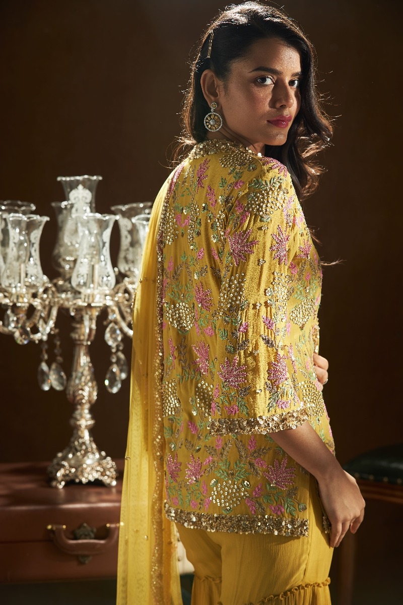 MUSTARD SHIRT WITH TIERED SHARARA AND CUTWORK DUPATTA