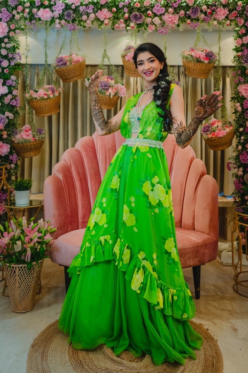 HANNA KHAN IN LIME GREEN CAPE LEHNGA SET