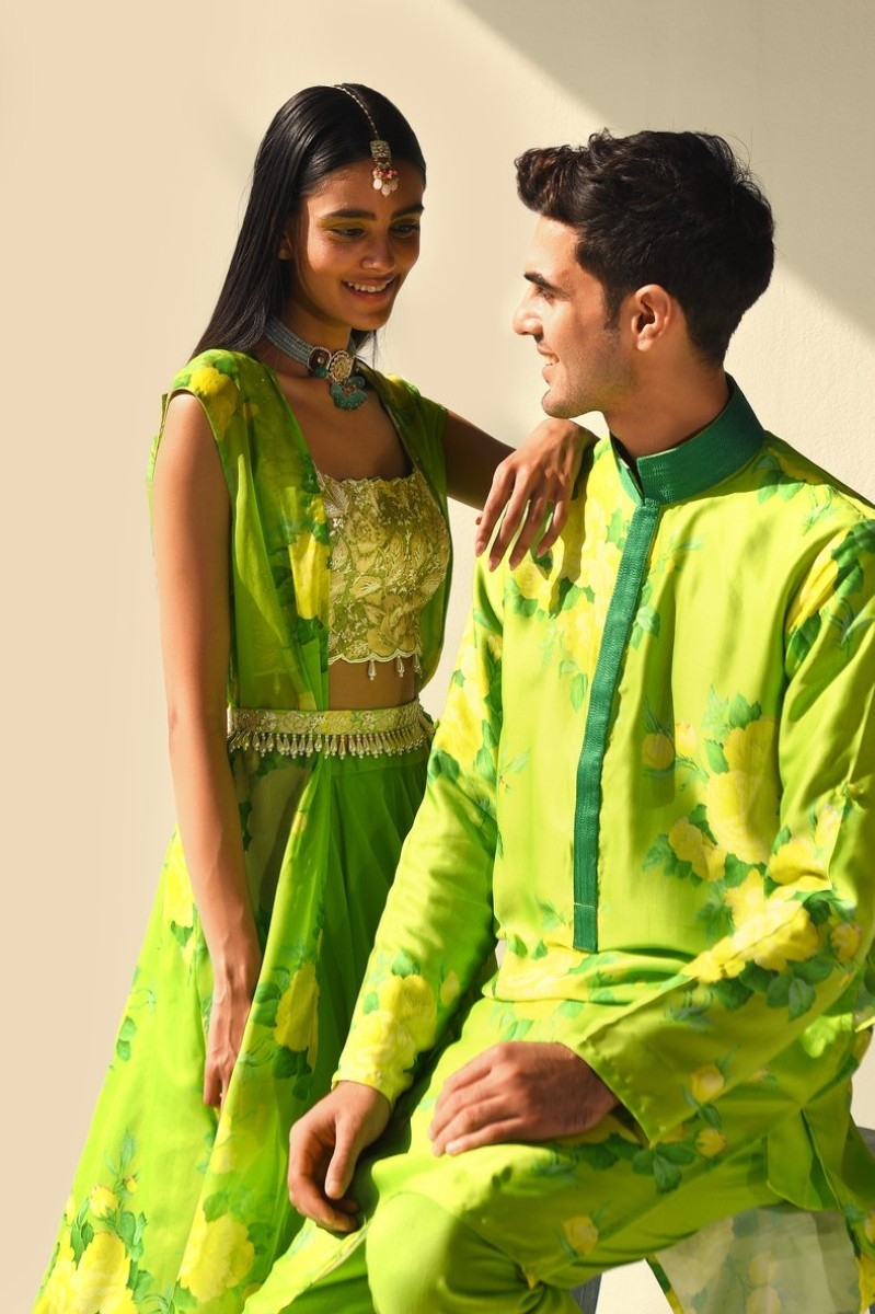 LIME GREEN LEHNGA AND KURTA COUPLE SET