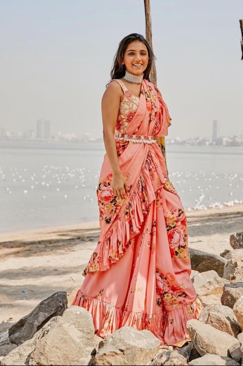 MASOOM MINAWALA MEHTA IN PEACH PRINTED RUFFLE SARI SET
