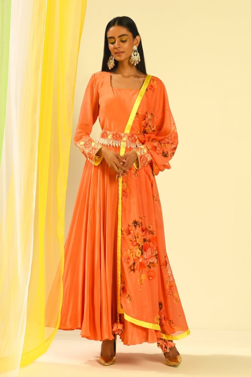 PEACH ANARKALI WITH PRINTED DUPATTA SET