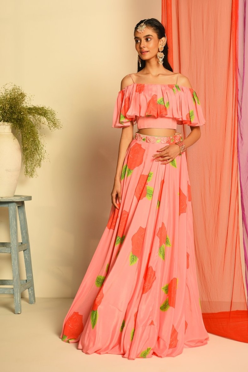 PINK AND GREEN WATERMELON FLORAL CROP TOP AND SKIRT SET