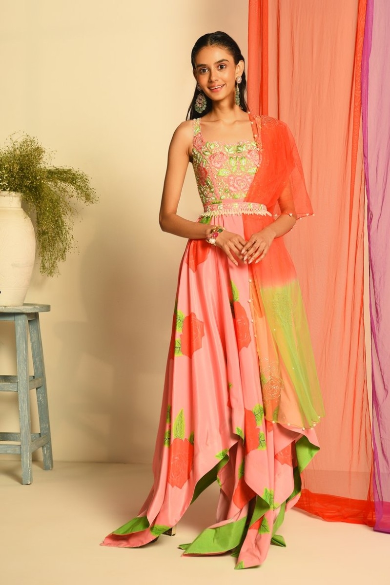PINK AND GREEN WATERMELON FLORAL HANDKERCHIEF ANARKALI SET