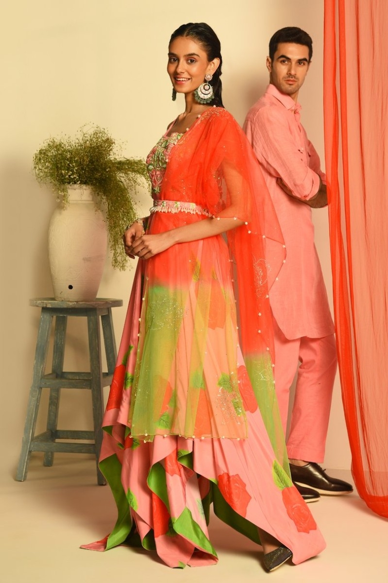 WATERMELON ANARKALI AND KURTA COUPLE SET