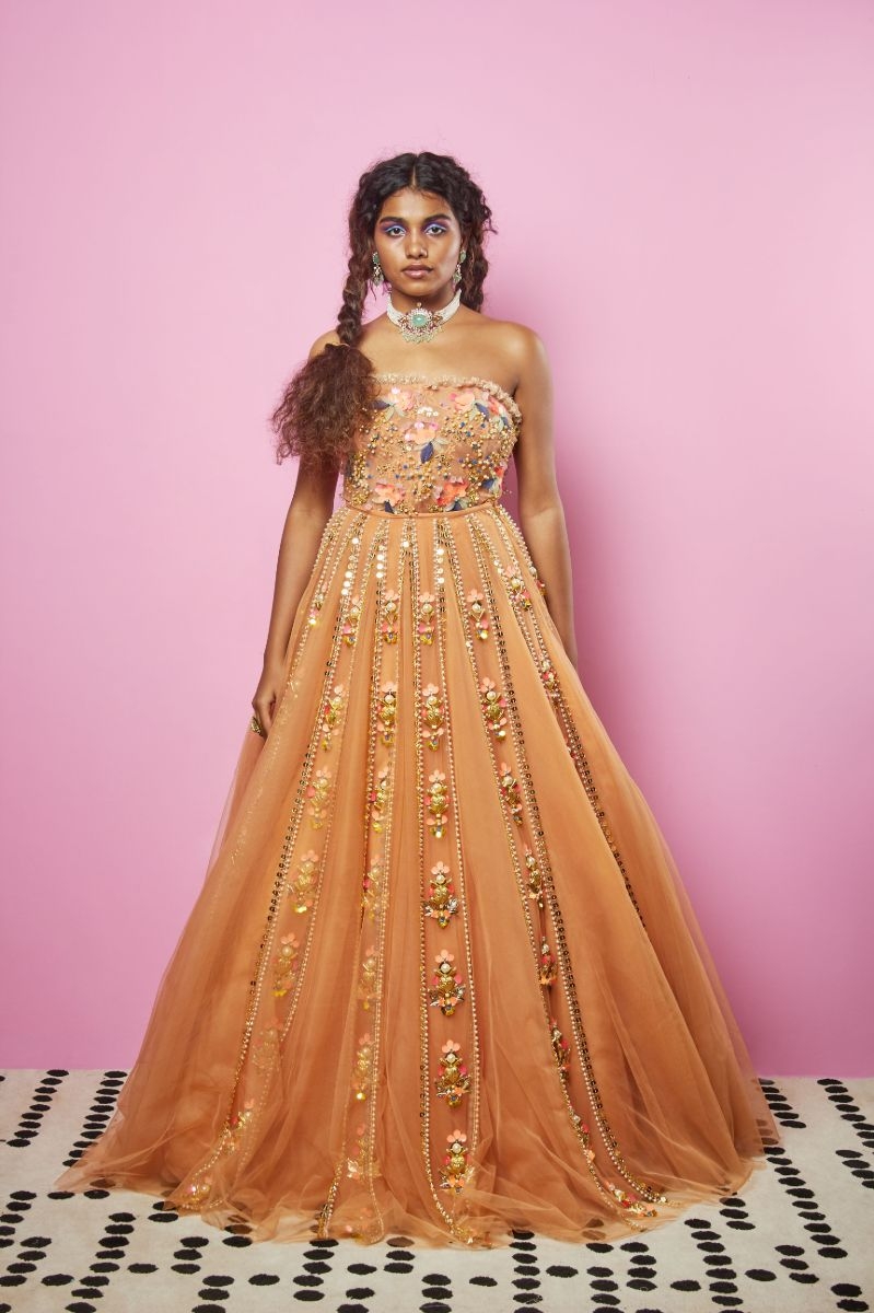 ORANGE EMBROIDERED TULLE LEHENGA SET