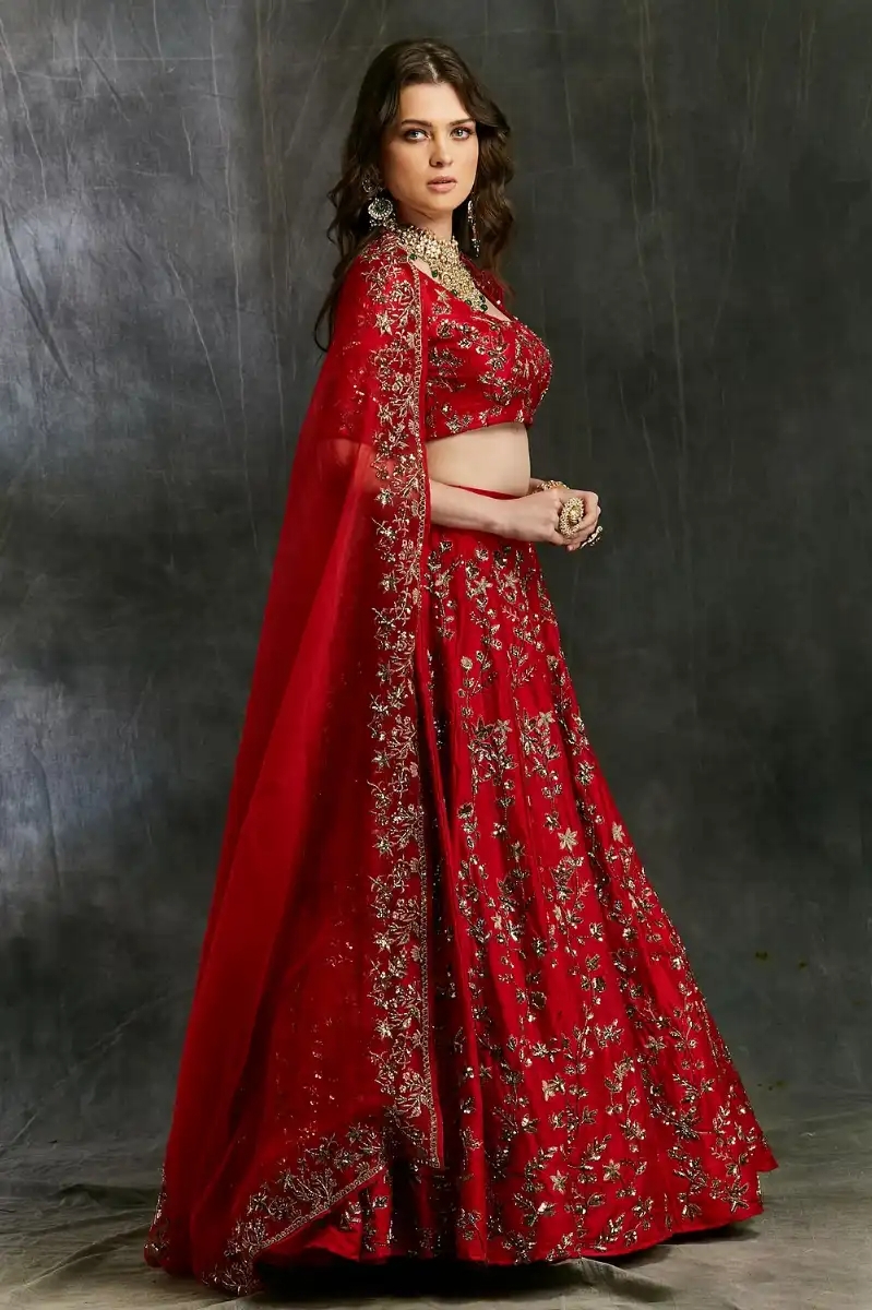 RED FLORAL ZARI LEHENGA