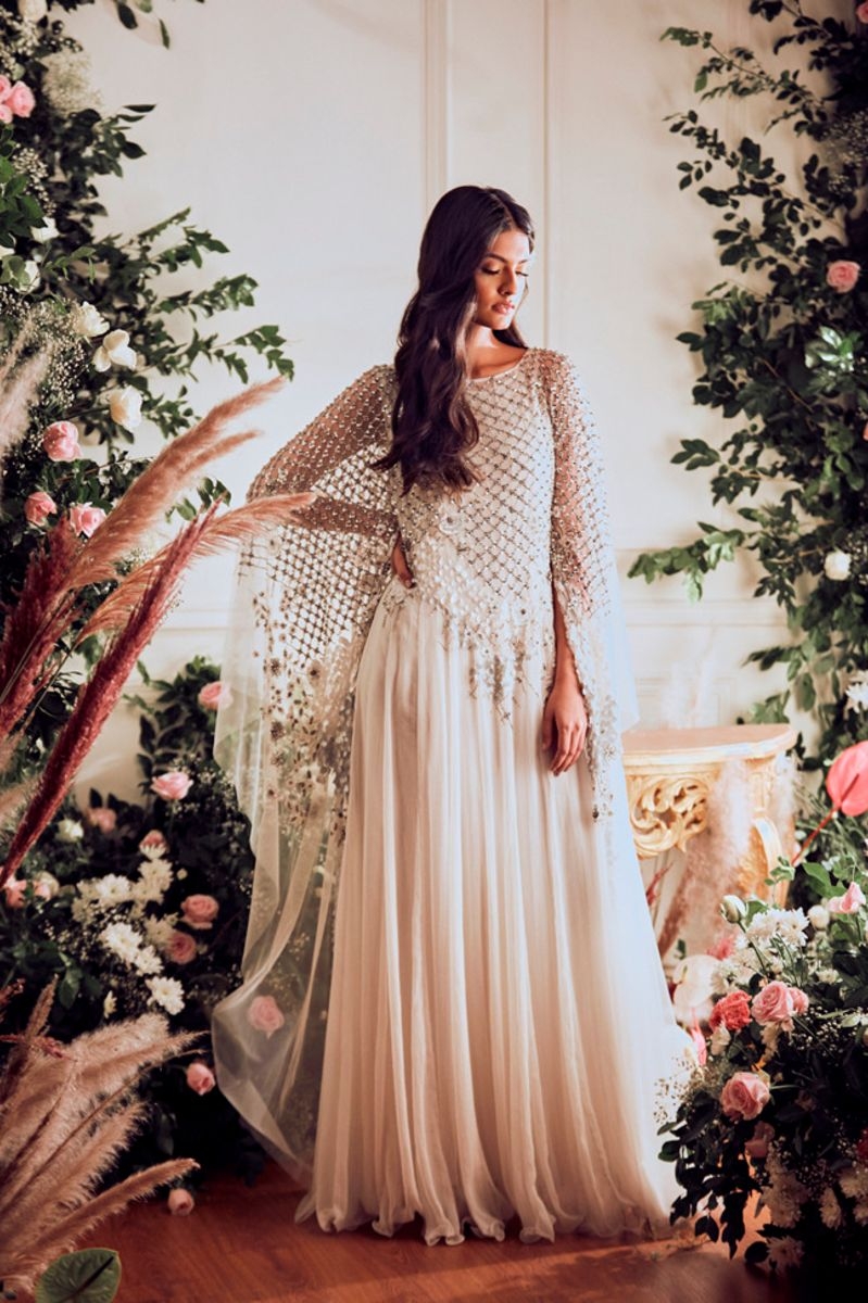 IVORY EMBELLISHED CAPE GOWN