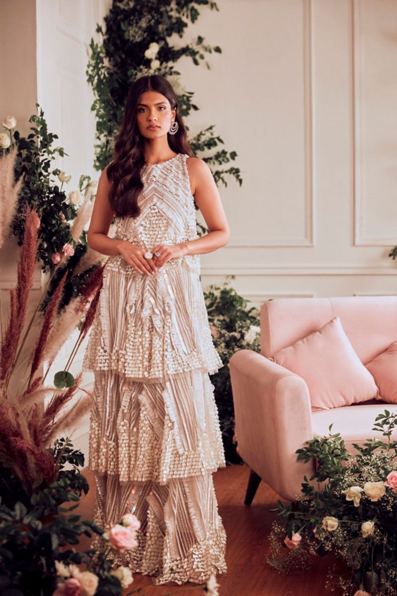 IVORY EMBELLISHED TIERED GOWN