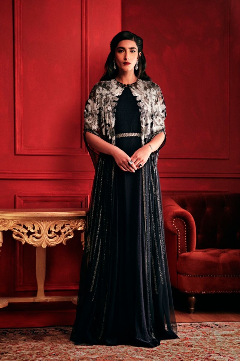 NAVY BLUE EMBELLISHED LONG CAPE AND GOWN