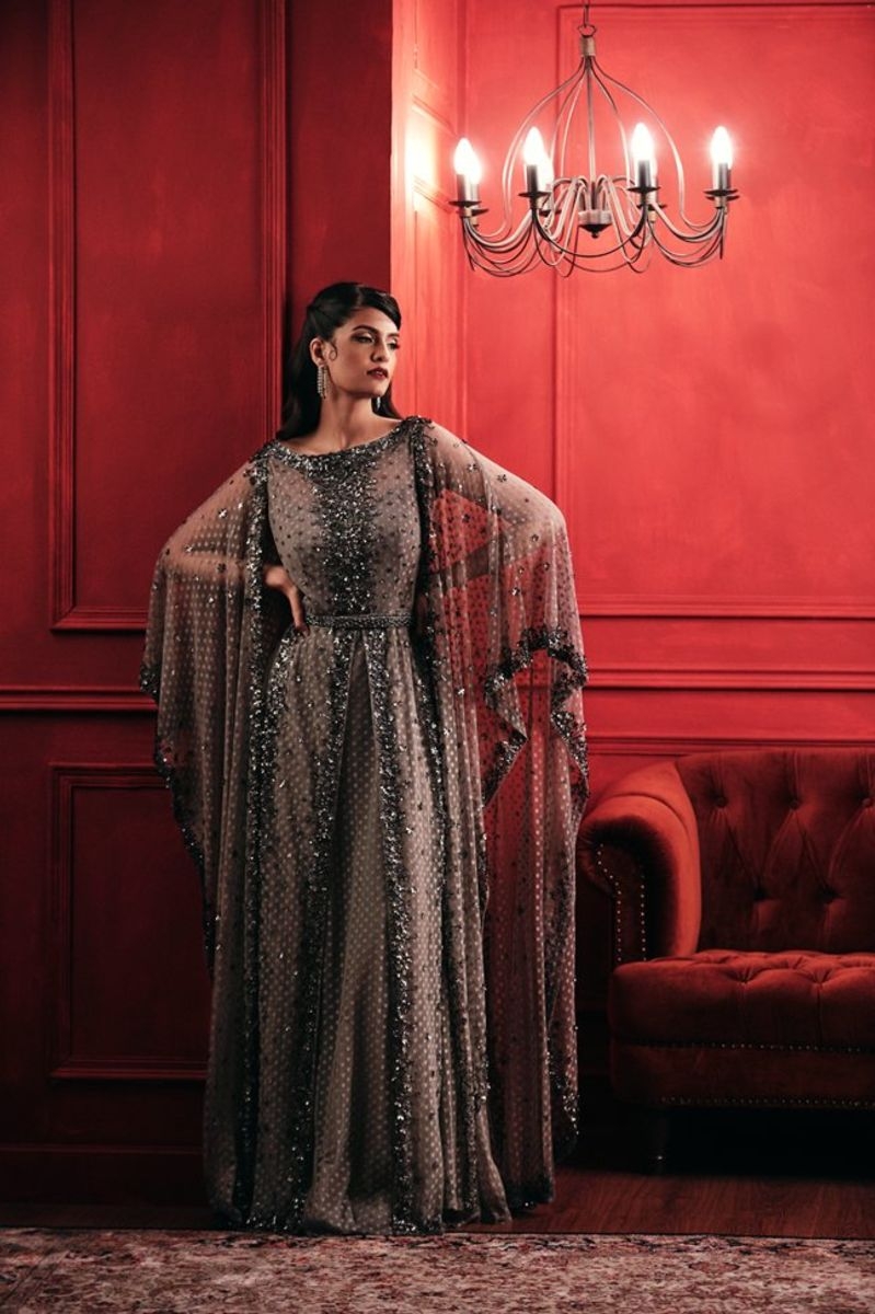 GREY EMBELLISHED CAPE SLEEVE GOWN