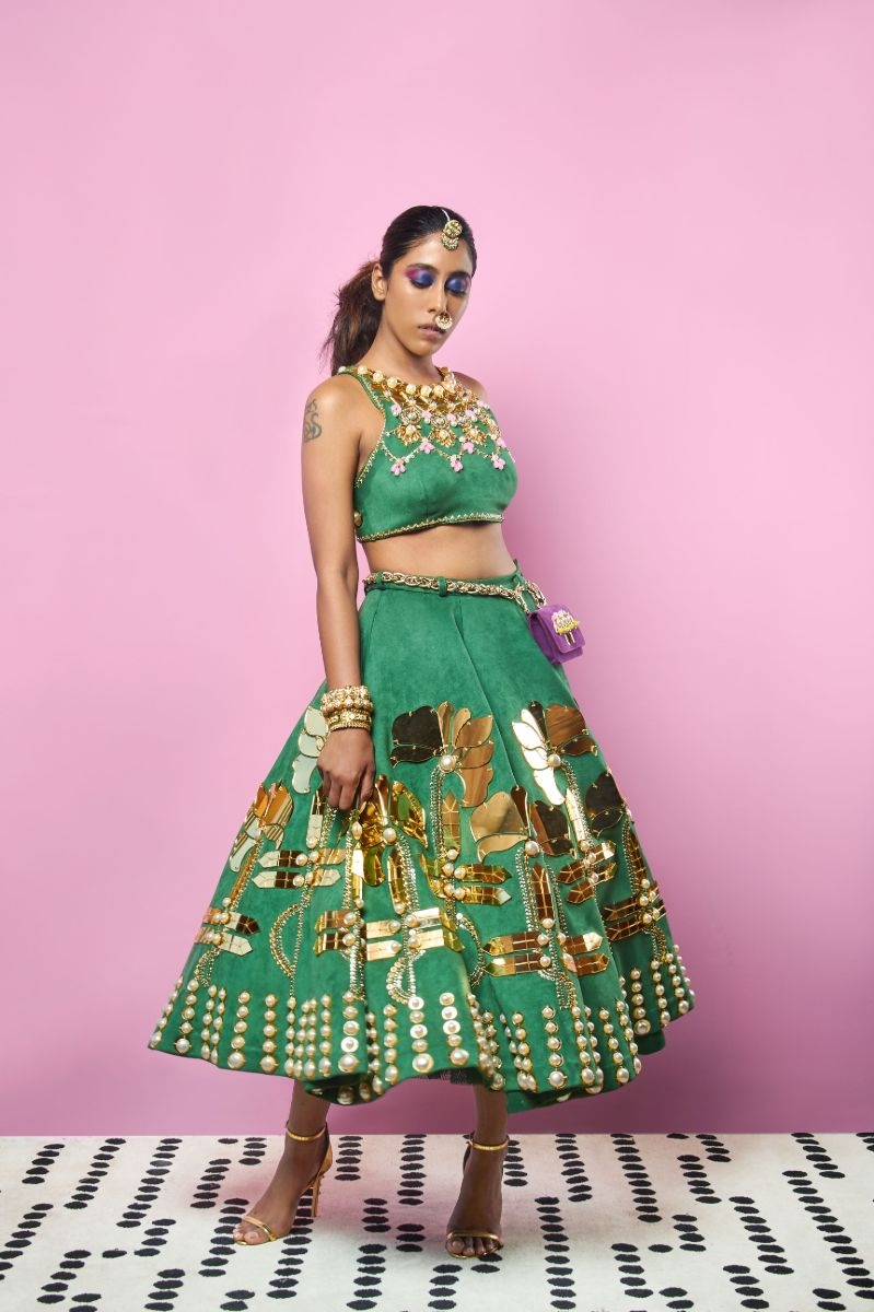 EMERALD GREEN EMBROIDERED SHORT LEHENGA SET