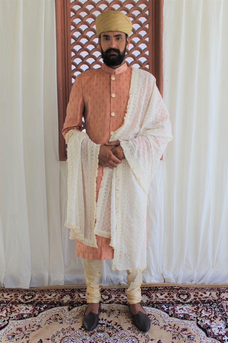 PEACH BROCADE SHERWANI SET