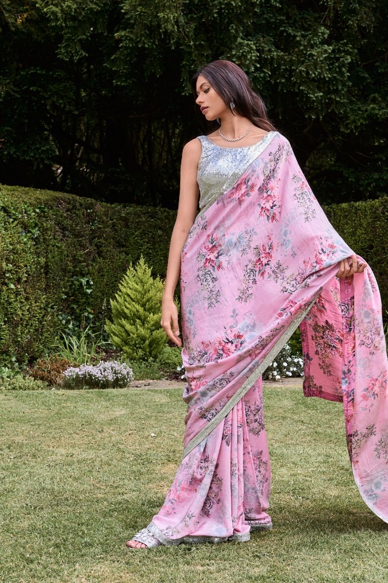 PINK FLORAL PRINTED SAREE