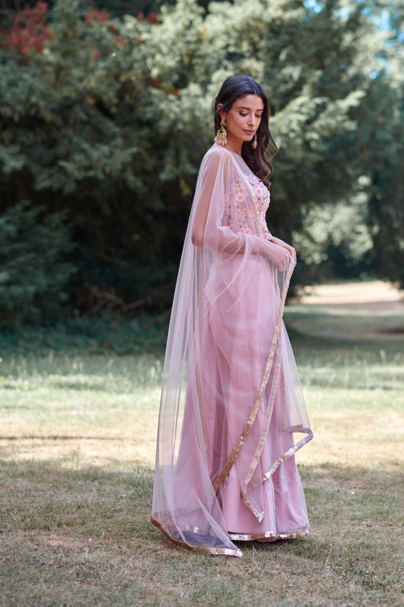 PINK NET HAND EMBROIDERED LENGHA