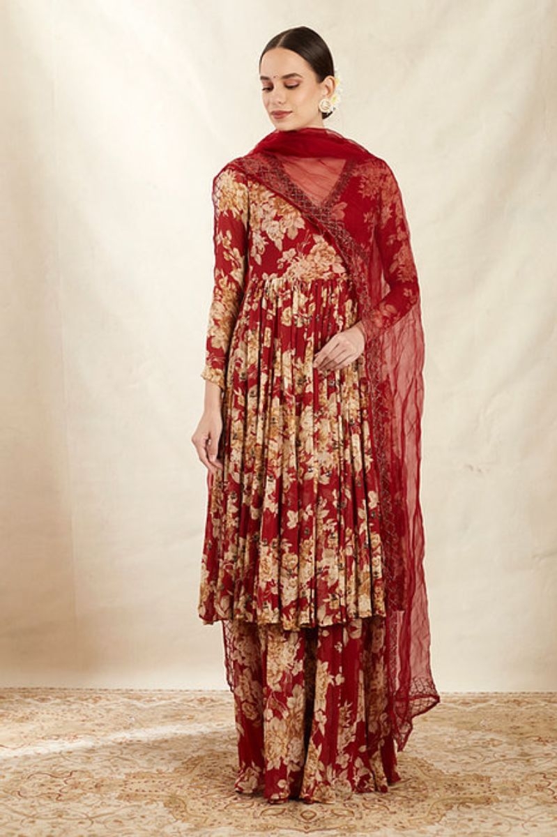 RED PRINTED ANGRAKHA WITH RED DUPATTA
