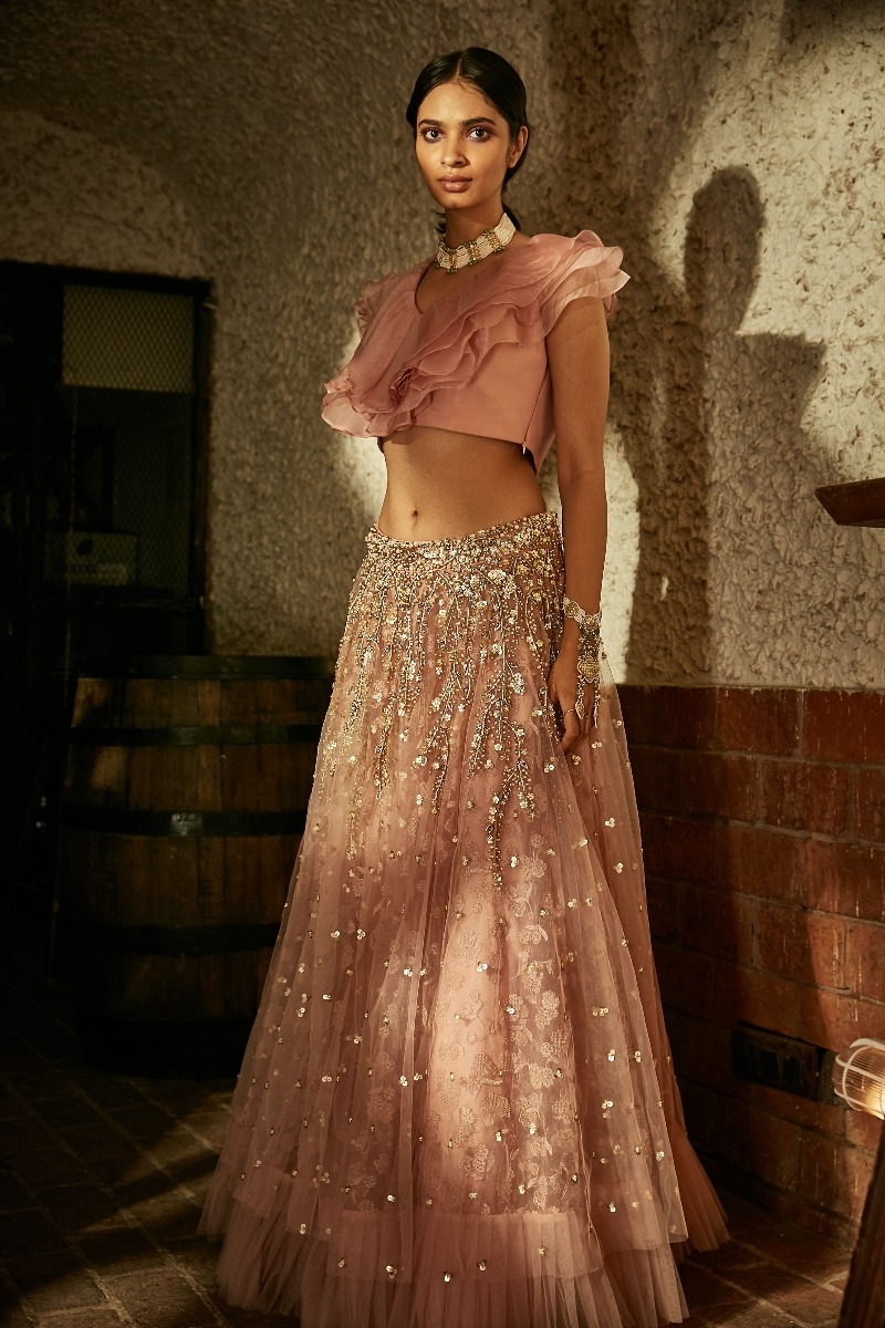 BLUSH PINK RUFFLE TOP AND LEHENGA