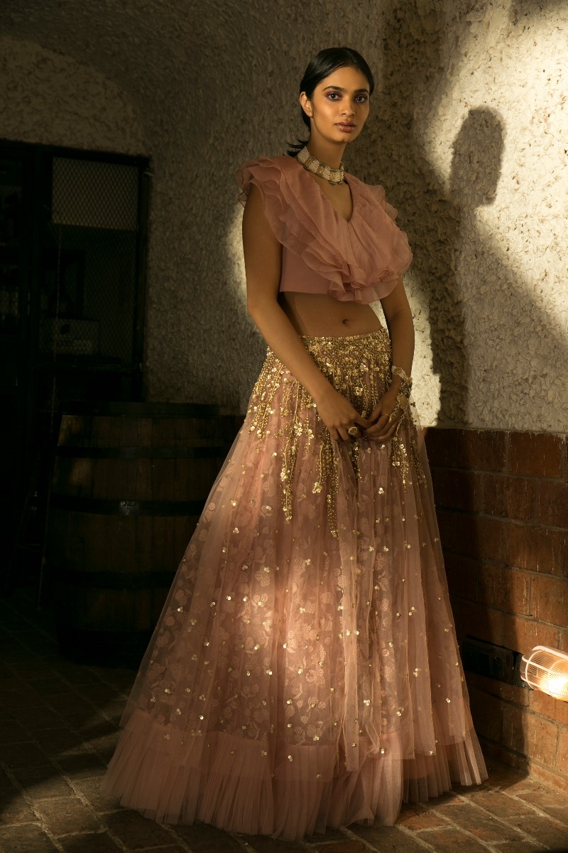 BLUSH PINK RUFFLE TOP AND LEHENGA