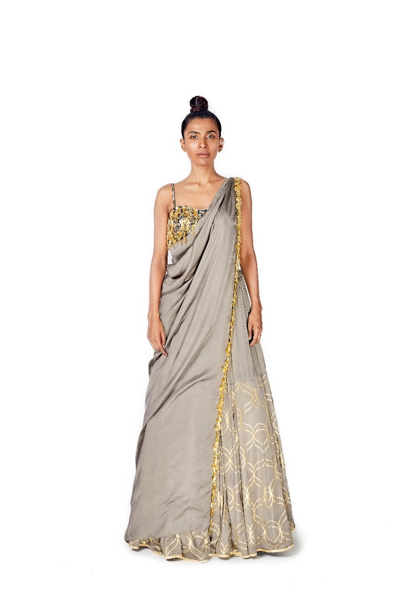 MUD GREY FOIL PRINT AND EMBROIDERED LEHENGA SET