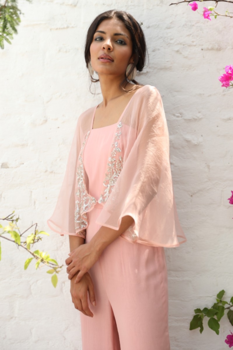 PALE PINK JUMPSUIT WITH ATTACHED ORGANZA CAPE