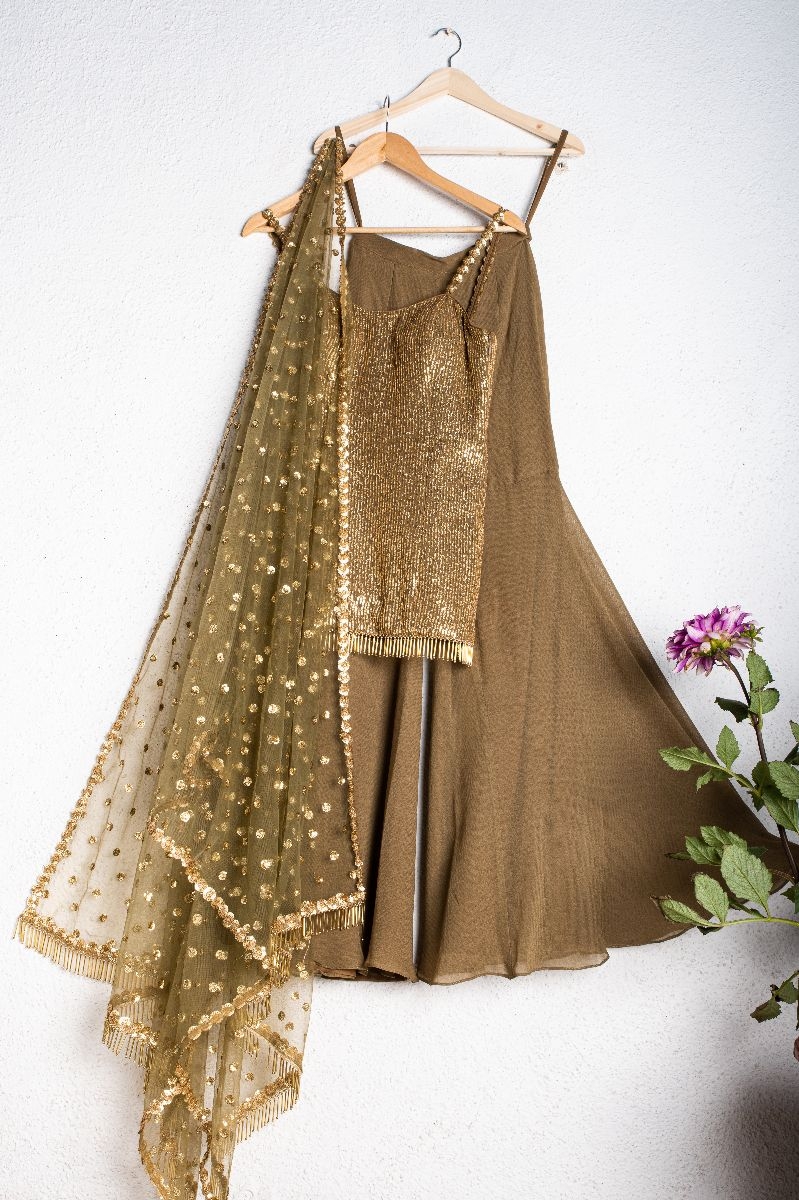 OLIVE GREEN AND GLAM GOLD SHARARA SET