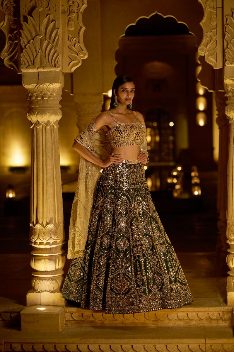 BOTTLE GREEN MIRROR WORK LEHENGA SETT