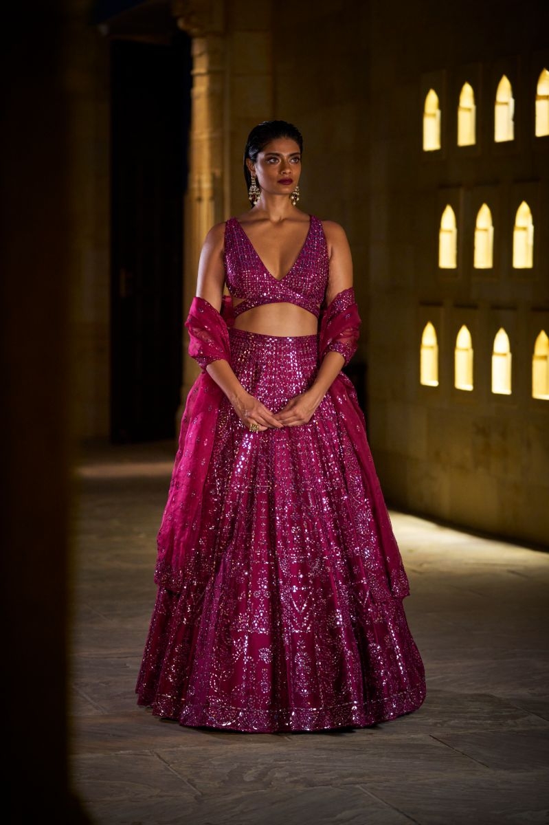 BURGUNDY MIRROR WORK LEHENGA SET
