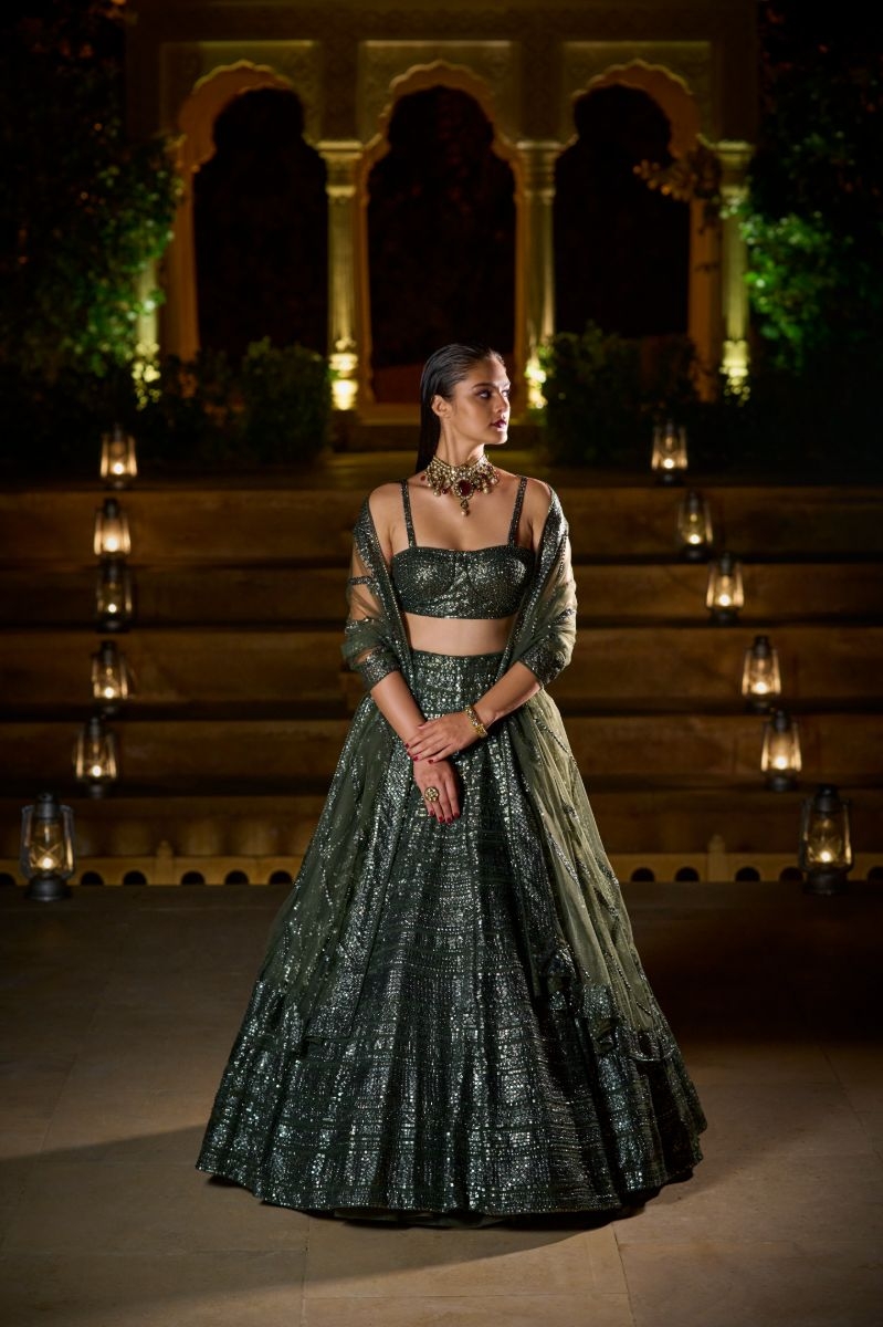 OLIVE GREEN SEQUIN LEHENGA SET