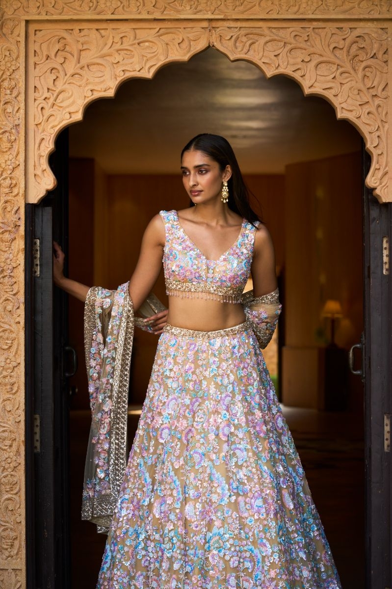 NUDE MULTI- COLOURED FLORAL LEHENGA SET