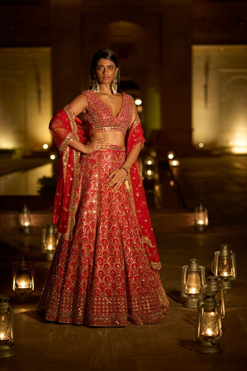 RED MIRROR WORK LEHENGA SET
