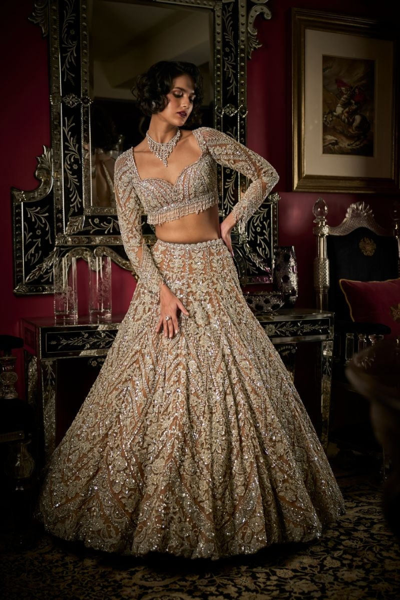 Seema Gujral Nude Silver Lehenga Set