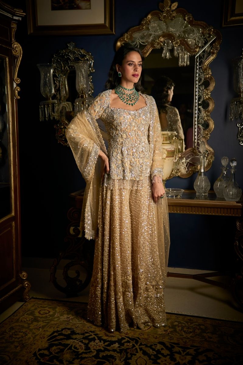 Seema Gujral Nude Silver Sharara Set