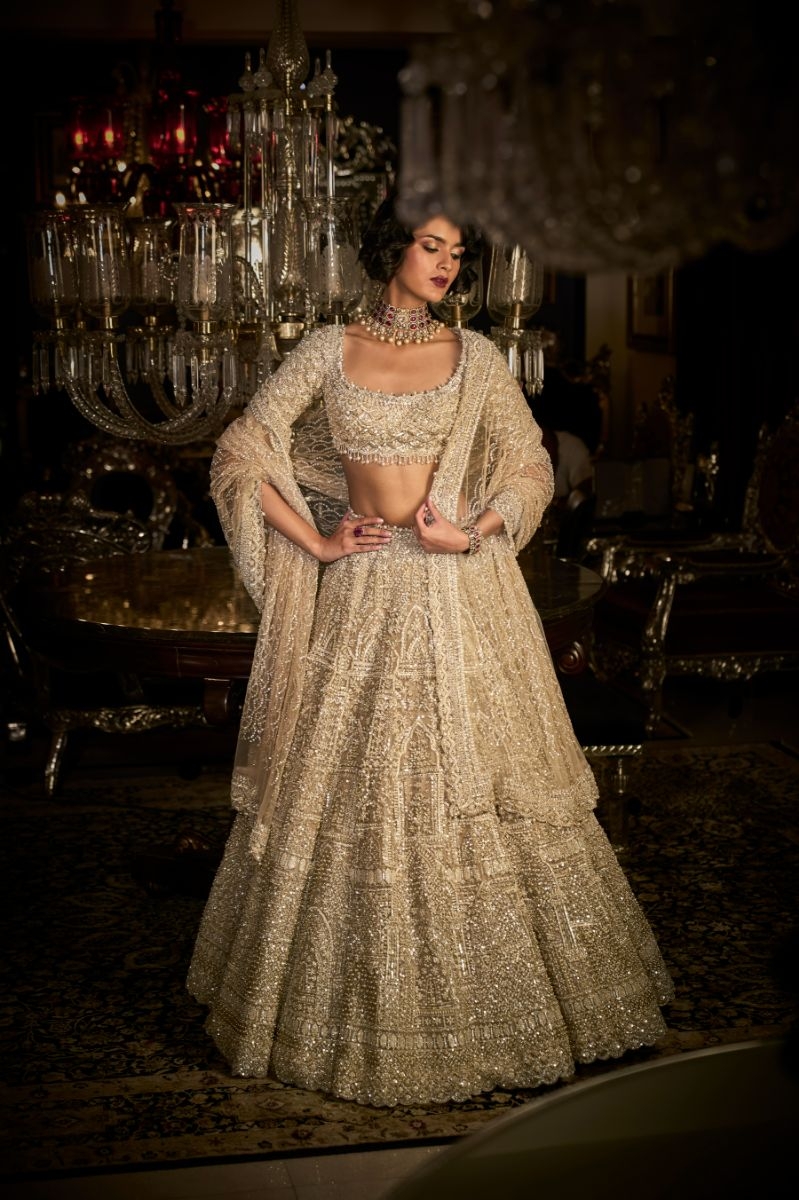 Embroidered Gold Lehenga Bridal Wedding Dress for Walima – Nameera by Farooq