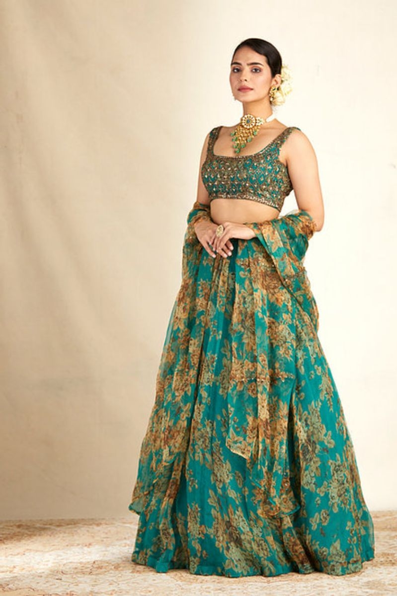 TEAL GREEN FLORAL PRINT LEHENGA