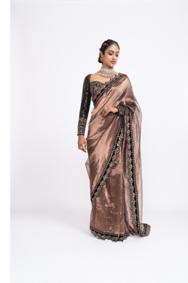 DEEP GREEN COPPER TISSUE SAREE SET