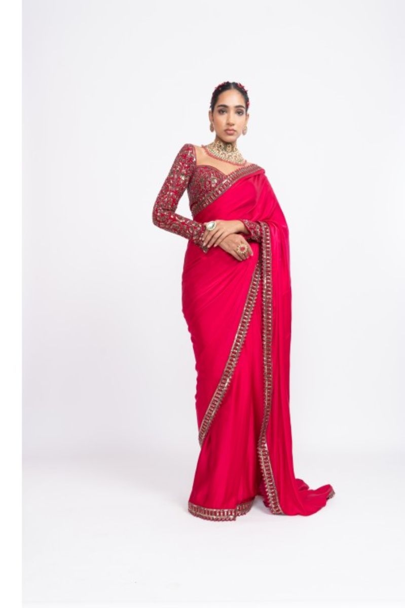 RED SARIN SAREE SET
