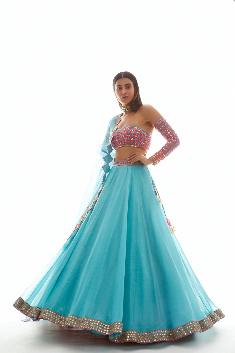 AQUA EMBROIDERED ORGANZA LEHENGA