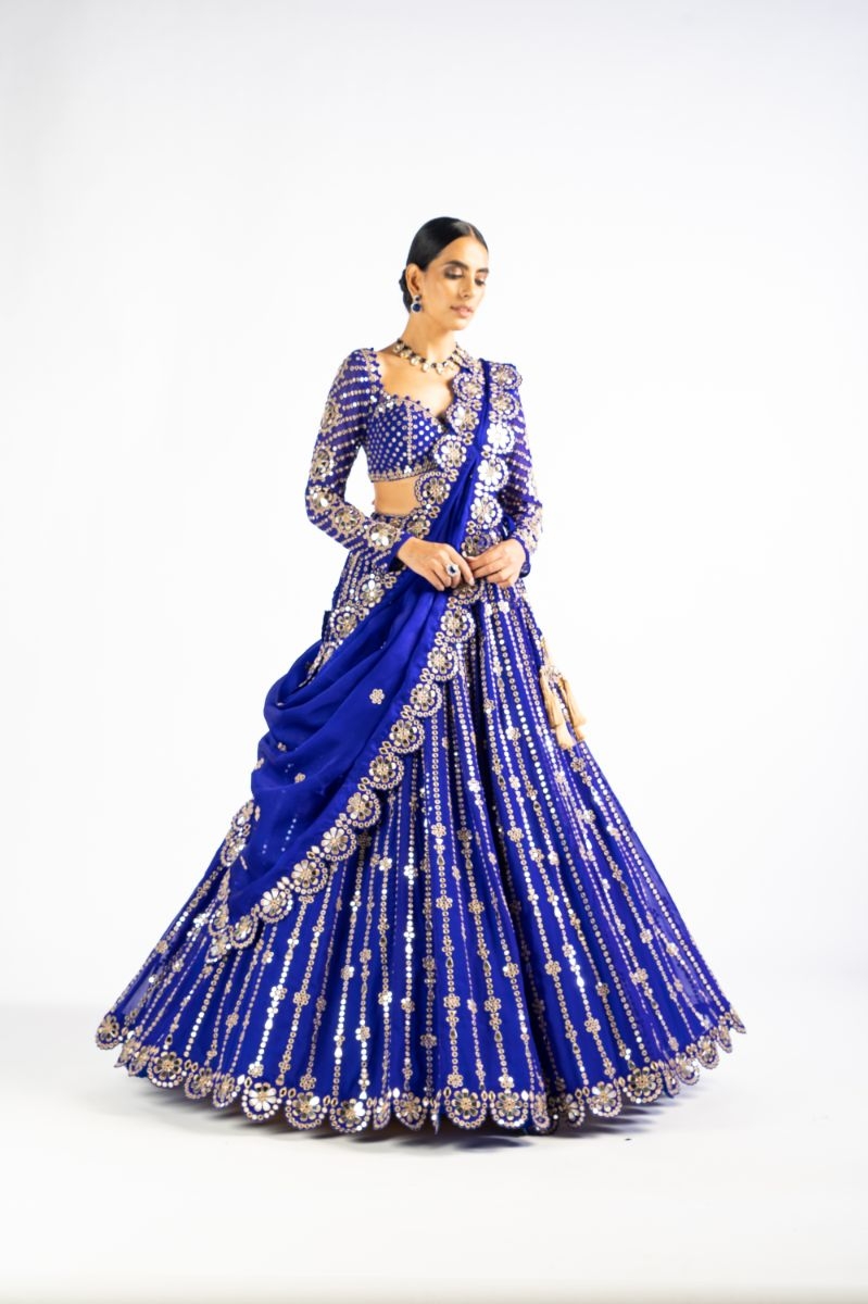 Royal Blue Small Flower Linear Lehenga Set