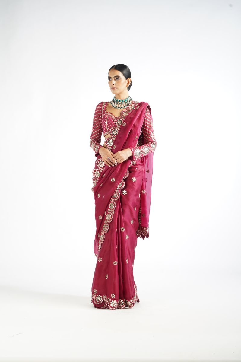 Mellow Wine Mirror Scallop Saree Set