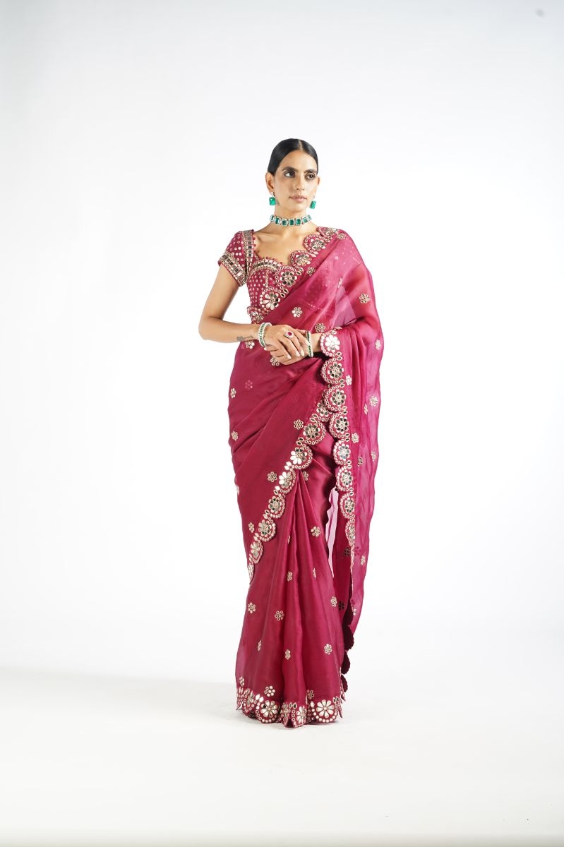 Mellow Wine Mirror Work Blouse Saree Set
