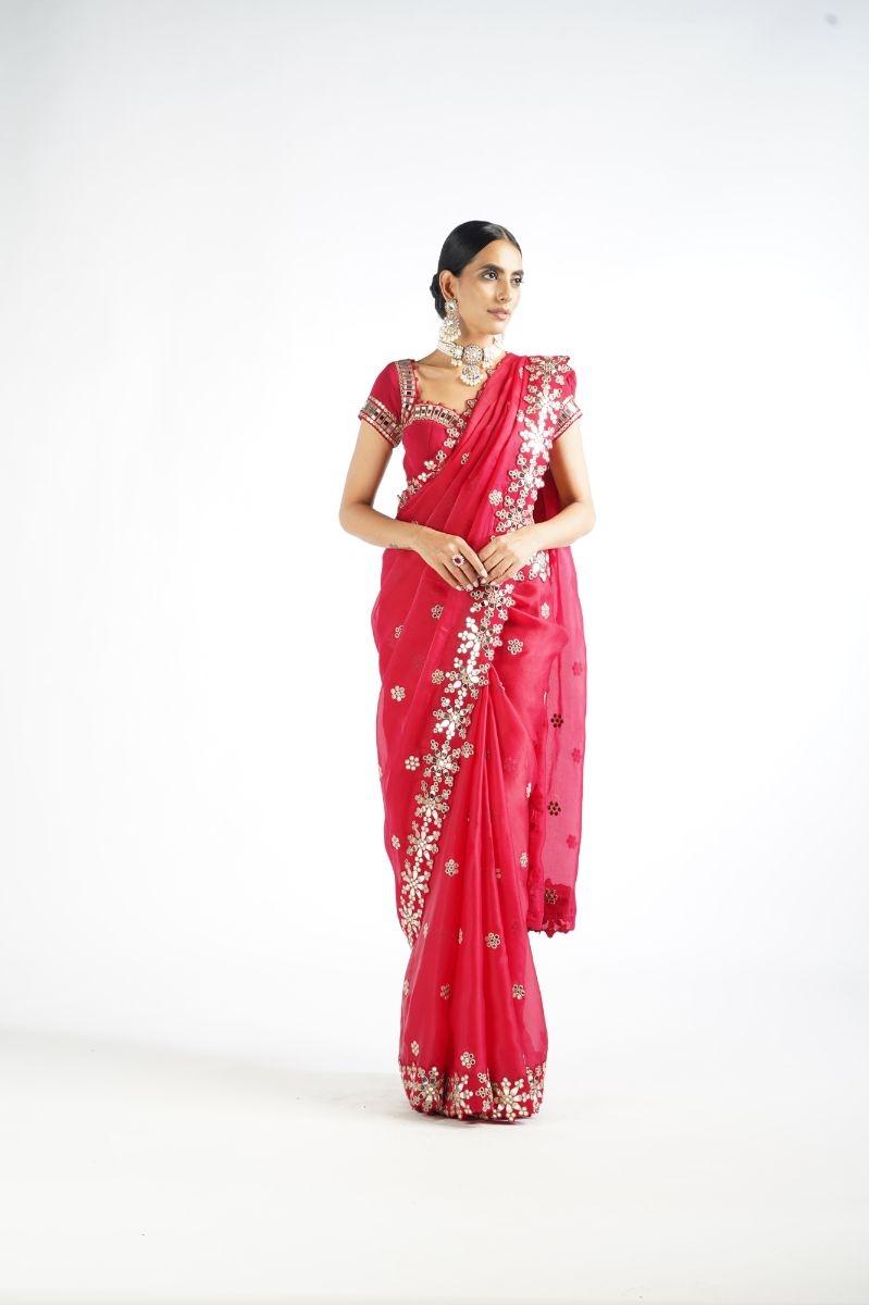 Crimson Red Mirror Work Saree