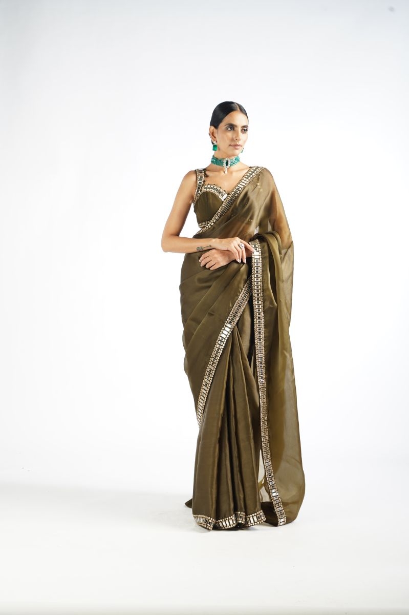 Olive Green Mirror Work Saree Set