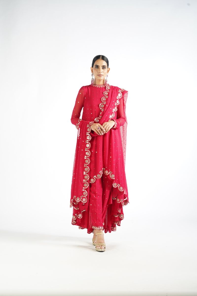 Crimson Red Scallop Pant Kurta Set