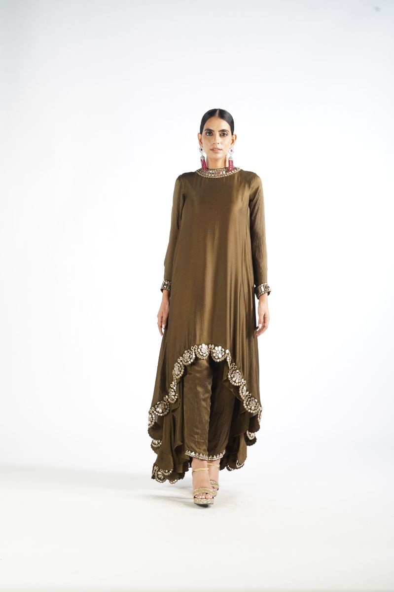 Olive Green Mirror Scallop Pant Kurta Set