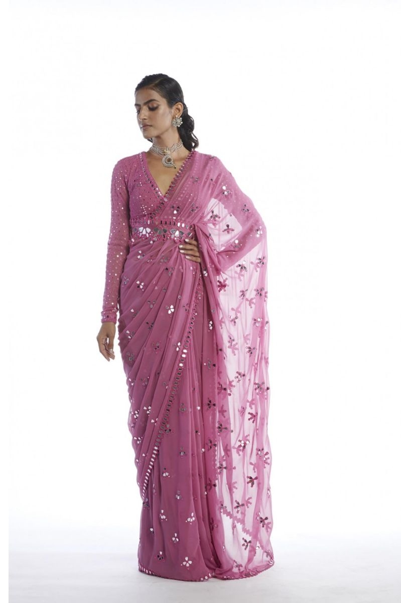 DARK BLUSH MIRROR CUT-WORK SAREE