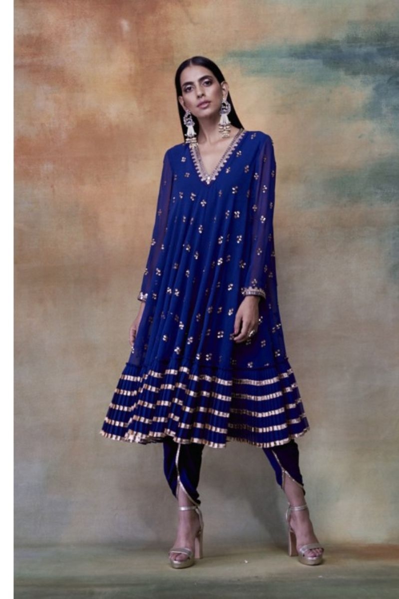 MIDNIGHT BLUE A-LINE GOTA FRILL KURTA & DHOTII SET